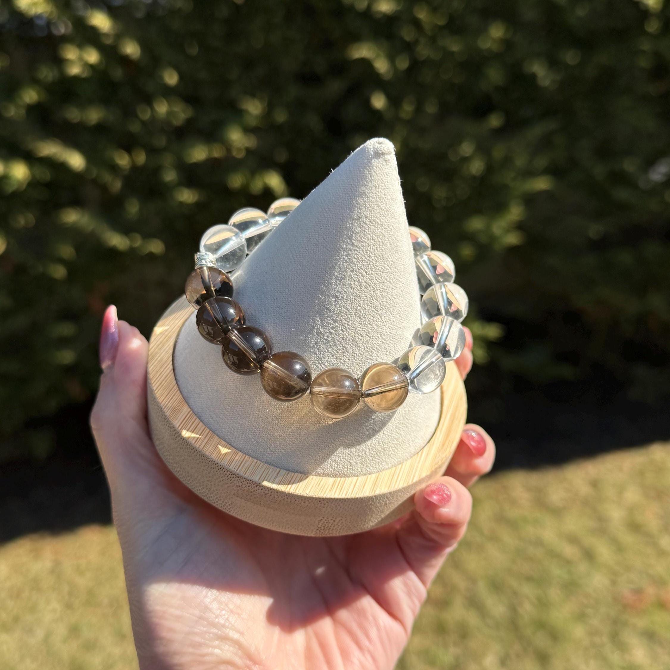 Clear Quartz & Smoky Quartz Crystal Stretch Beaded Bracelet • Gemstone Balance Energy (12.5mm) 2