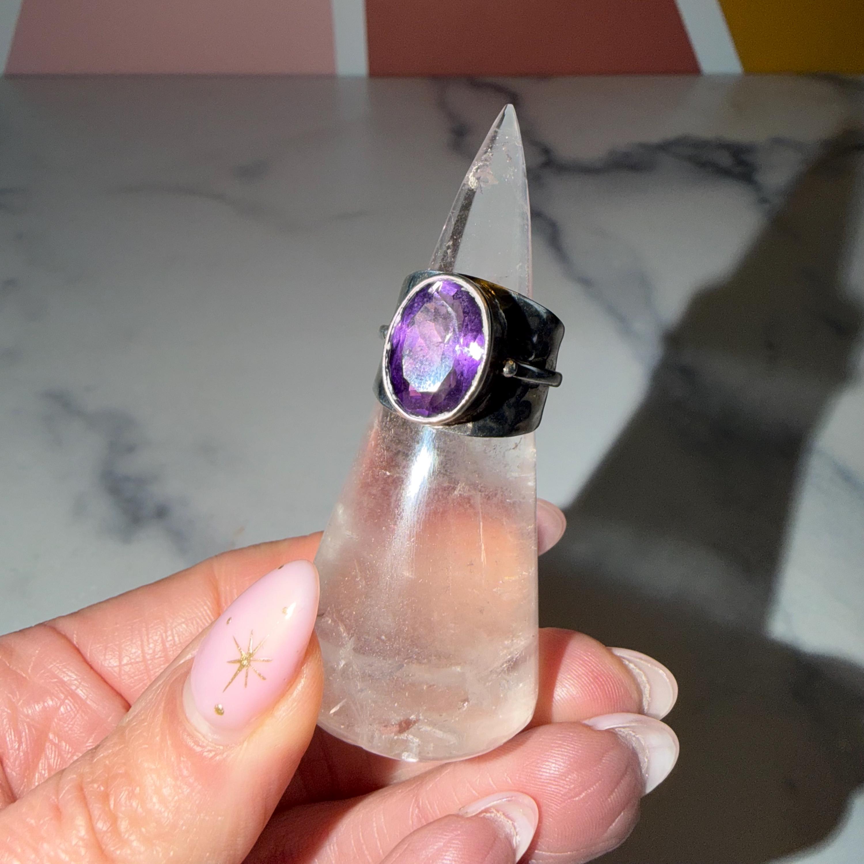 Faceted Amethyst Cigar Band Ring • 925 Sterling Silver • Size 7 • Purple Gemstone Statement Ring • Boho Jewelry 2