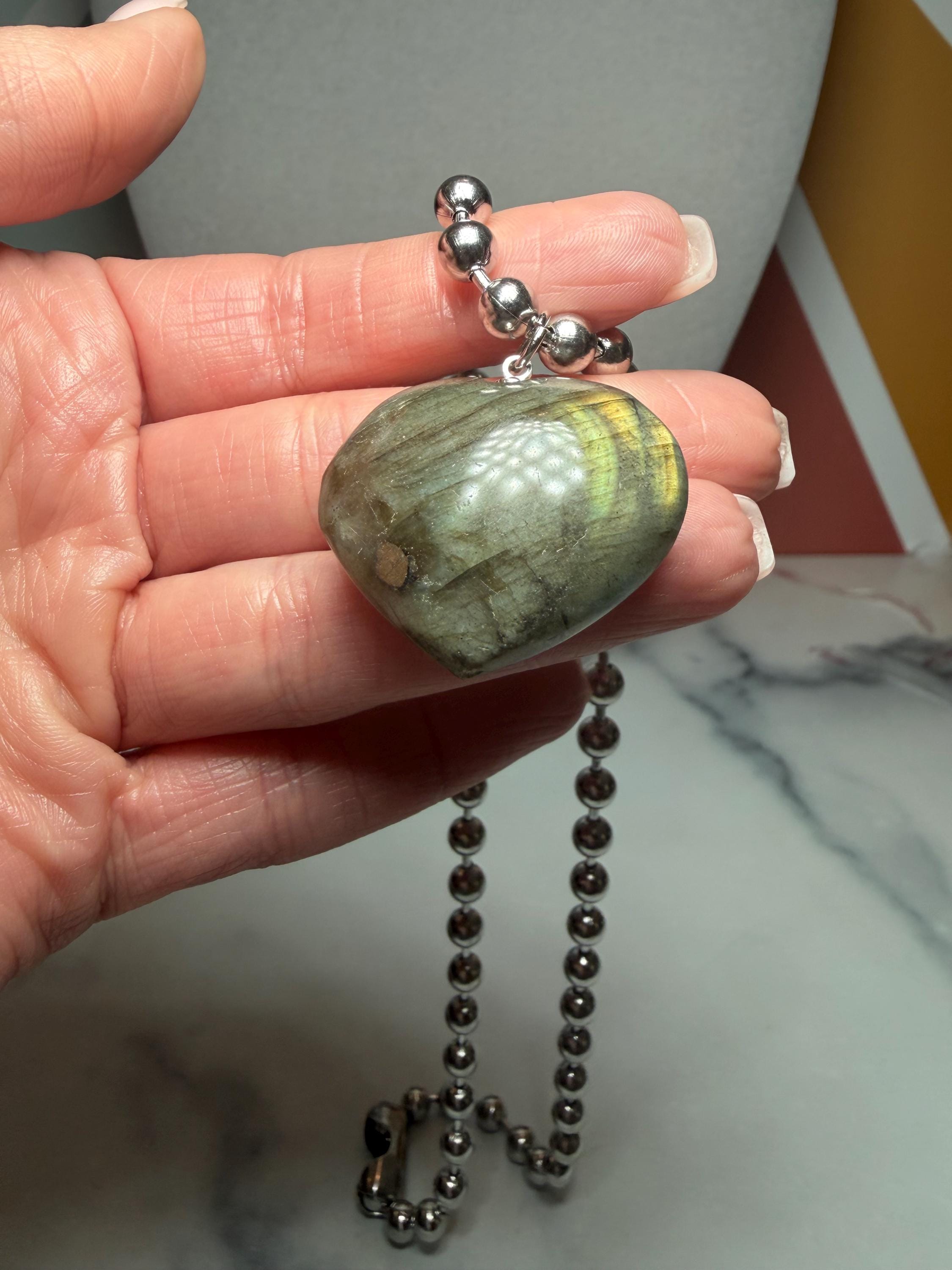Labradorite Heart Pendant Necklace, Sterling Silver Ball Chain, 17 Inch Gemstone Jewelry 6