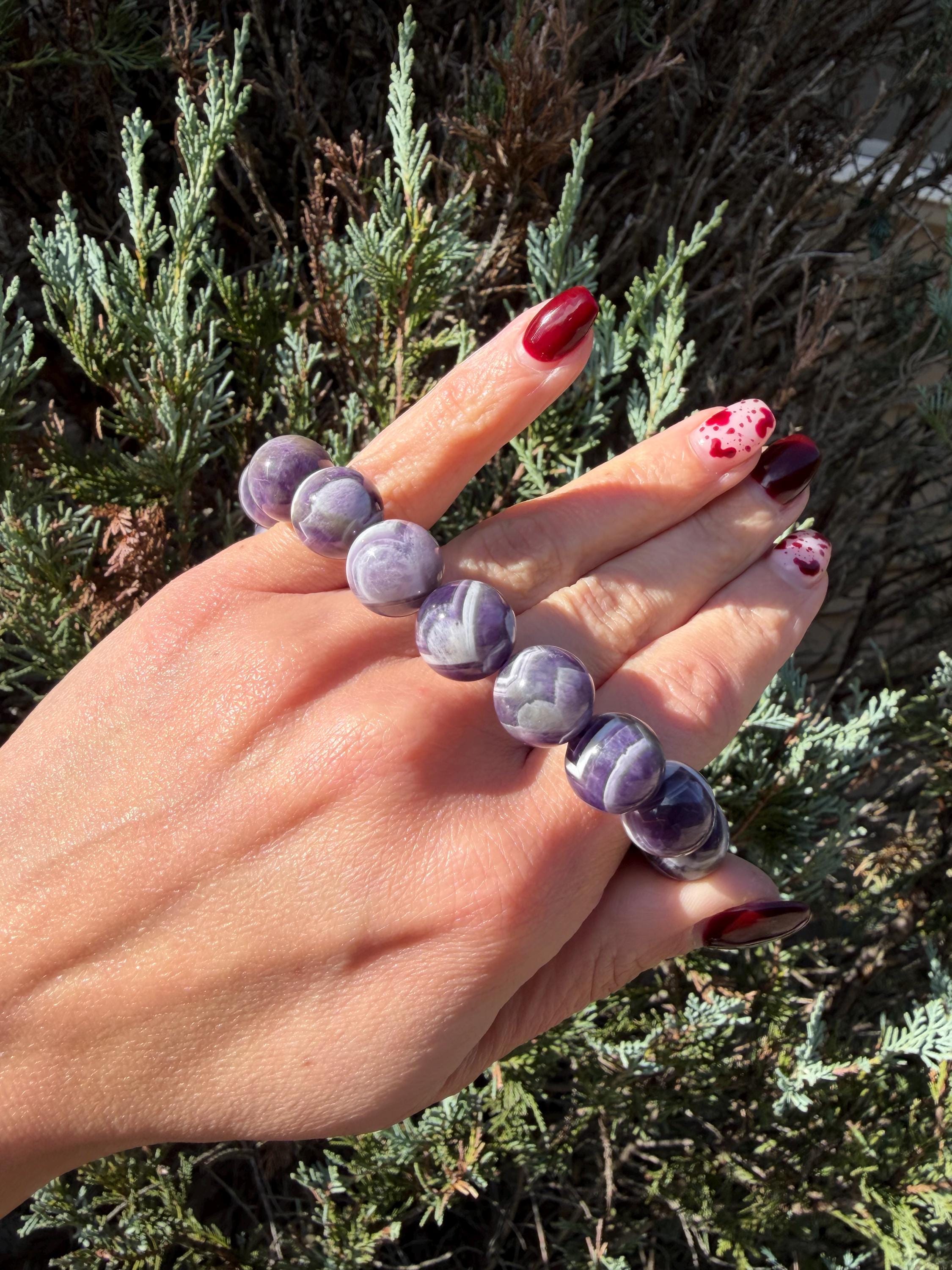 Chevron Dream Amethyst Smoky Quartz Bracelet • 13mm Beaded Crystal Jewelry • Intuition Clarity 11