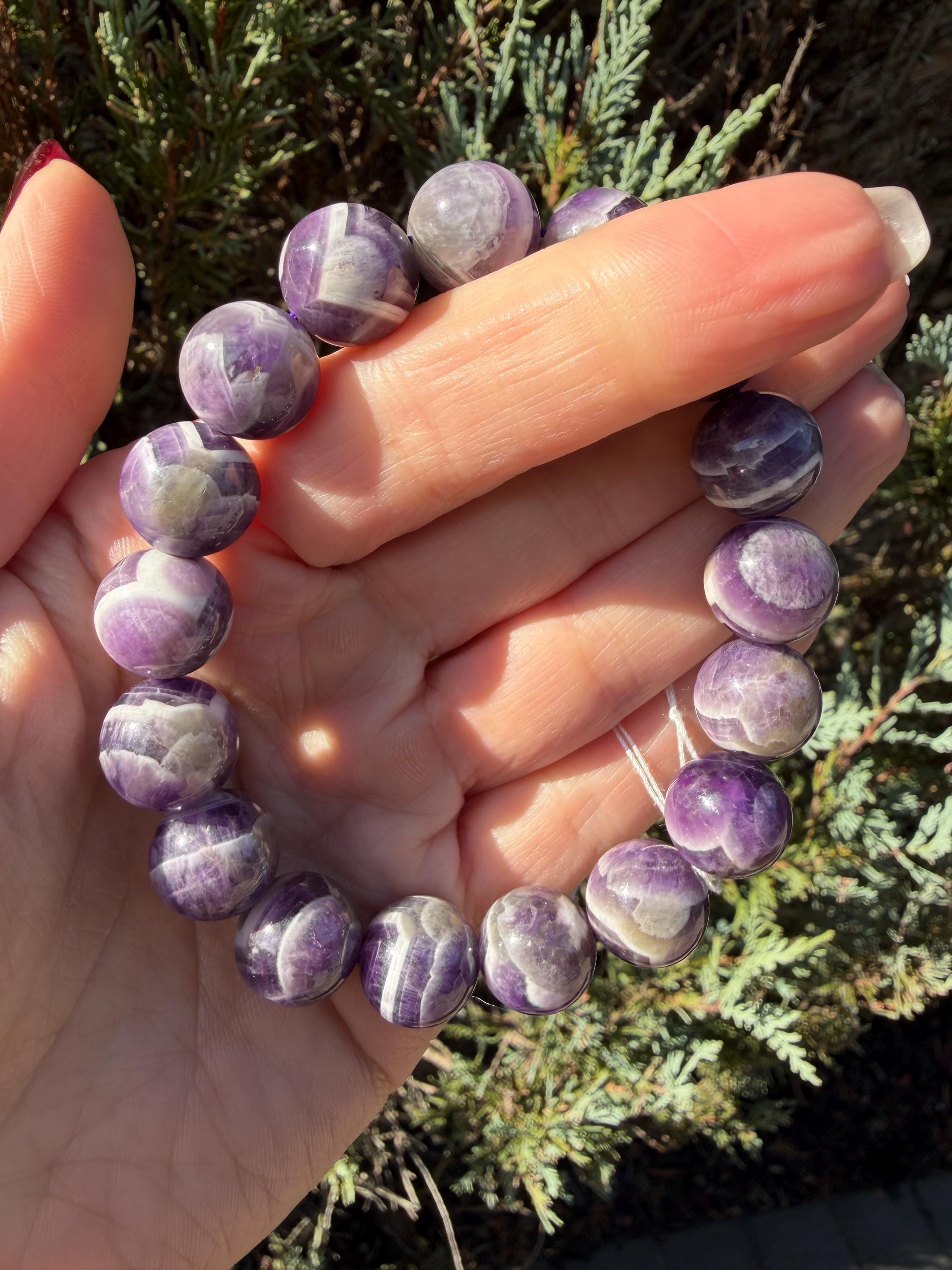 Chevron Dream Amethyst Smoky Quartz Bracelet • 13mm Beaded Crystal Jewelry • Intuition Clarity 10