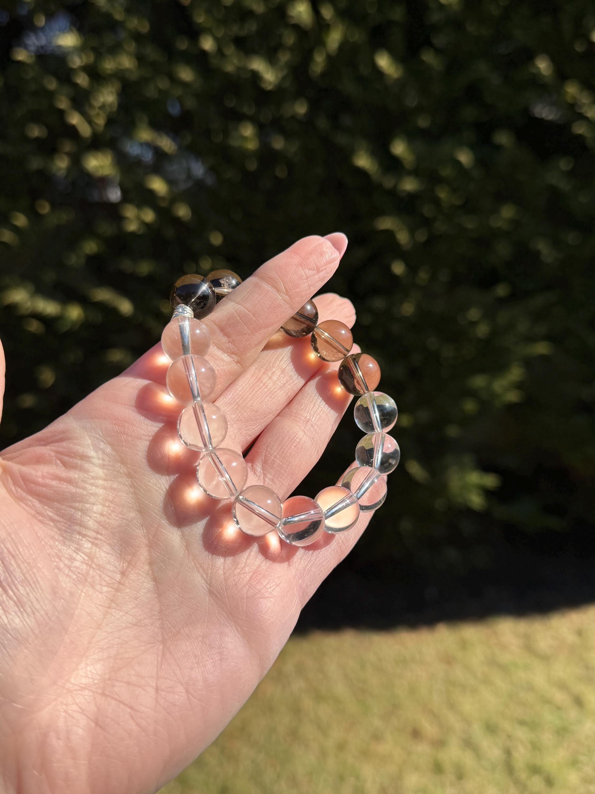 Clear Quartz & Smoky Quartz Crystal Stretch Beaded Bracelet • Gemstone Balance Energy (12.5mm) 8