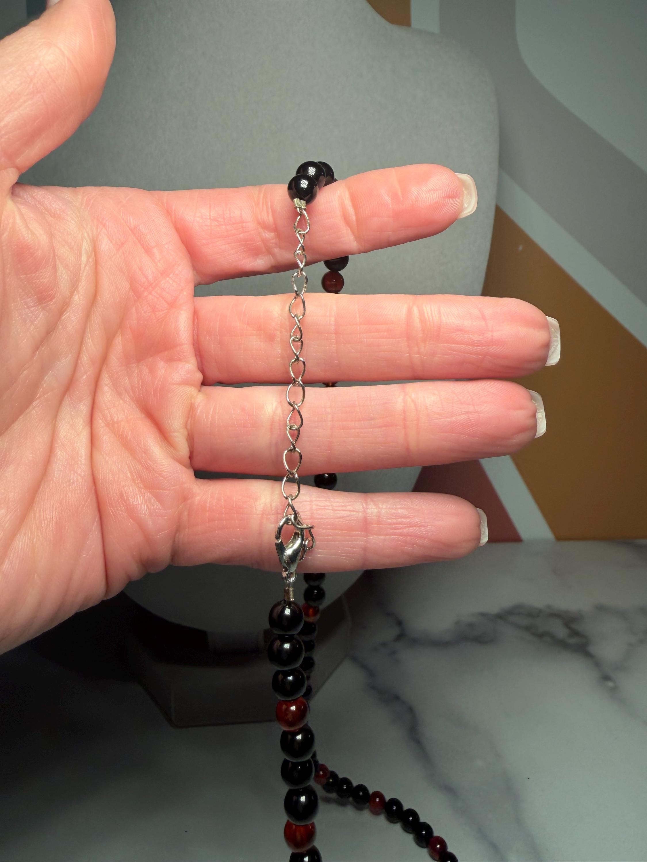 Garnet Black Obsidian Beaded Necklace, 18 Inch Gemstone Chain (3 Inch Extender) 5