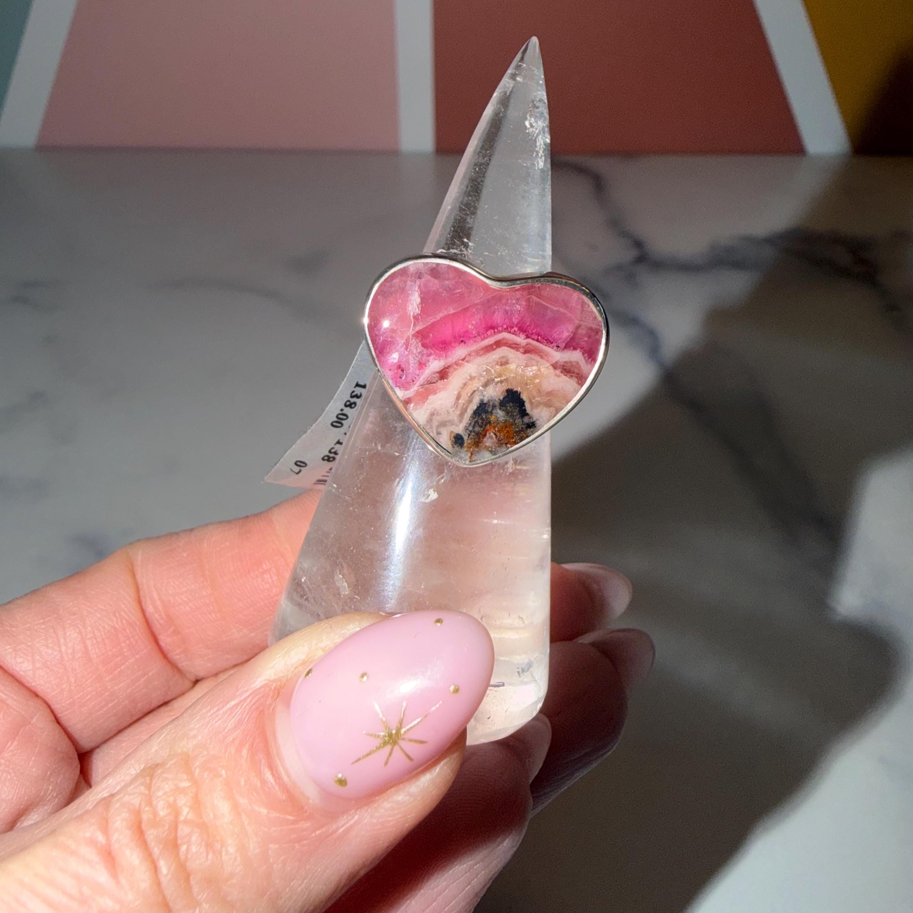 Pink Cobalto Calcite Heart Ring • Sterling Silver Hammered Band • Size 7.75 2