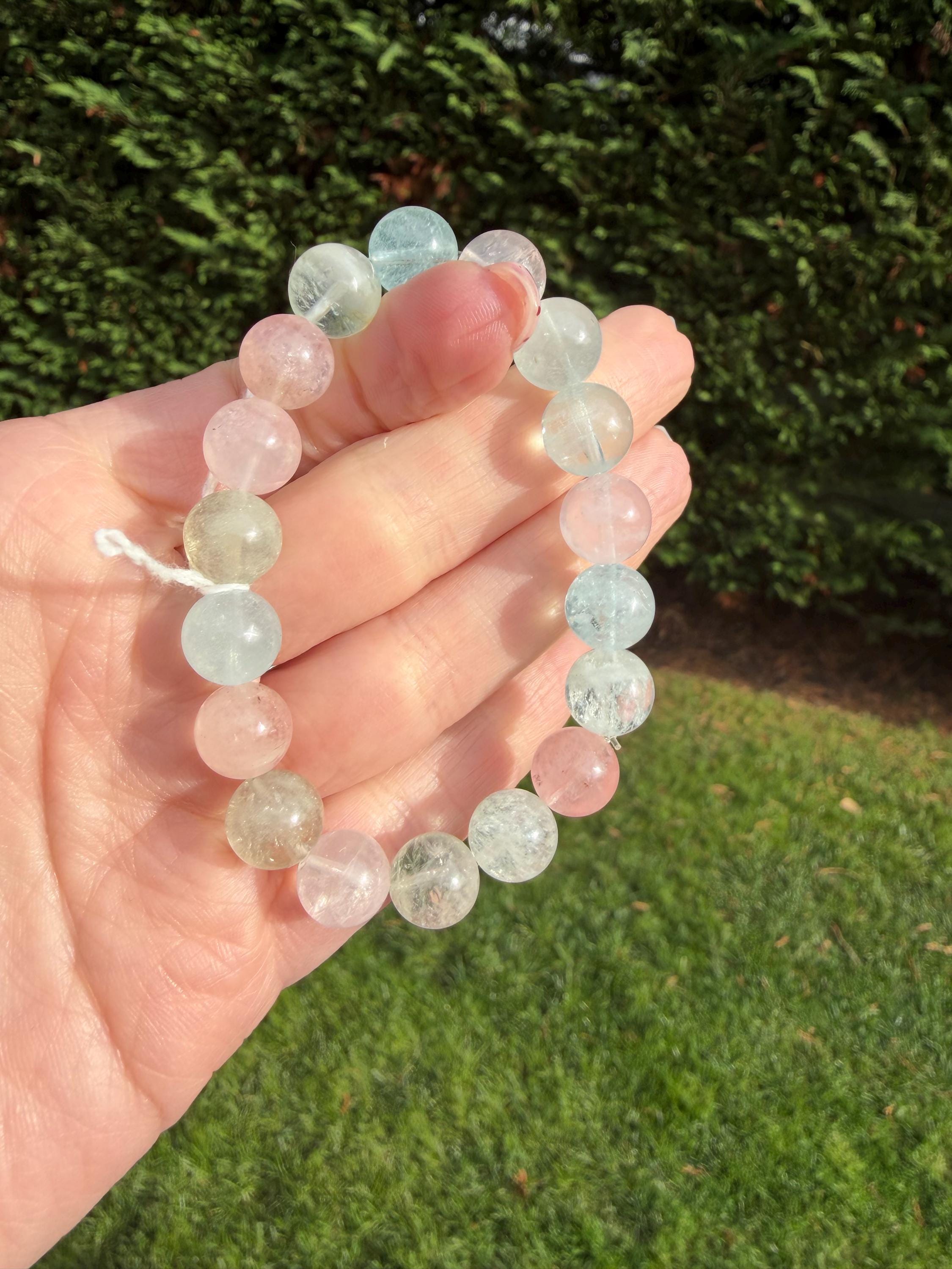 Mixed Beryl Beaded Bracelet 10mm • Aquamarine Morganite Heliodor • Crystal Healing Jewelry • Feminine Energy Bracelet 2