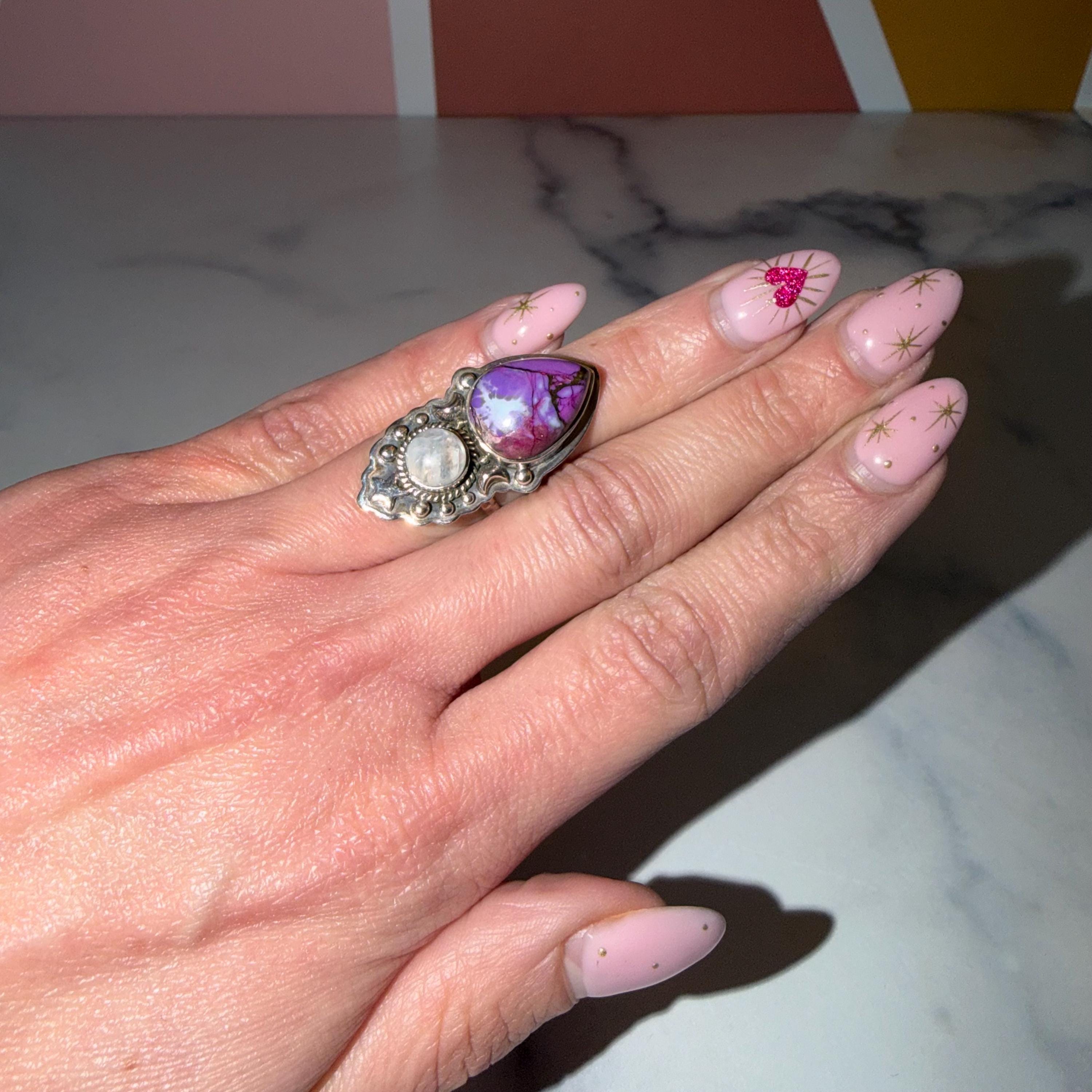 Sterling Silver Statement Ring, Purple Turquoise Moonstone, Gothic Boho Western Style, Size 5.5 3