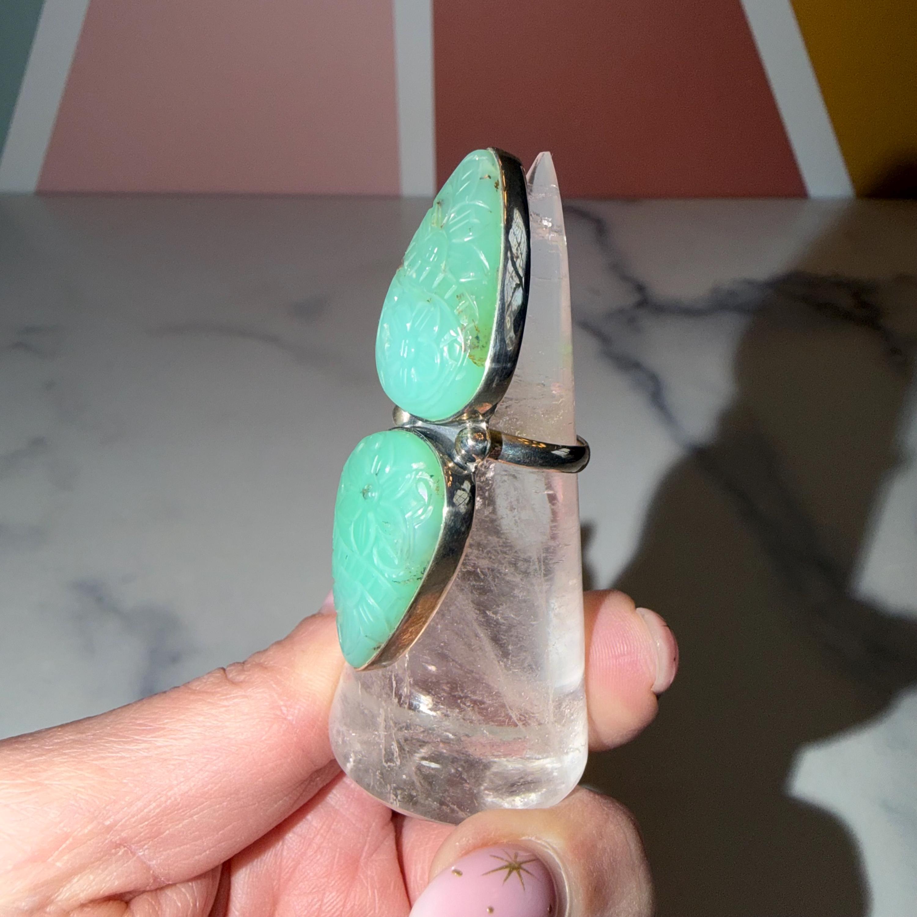 Double Carved Jade Statement Ring • 925 Sterling Silver • Boho Crystal Jewelry (Size 6) 4