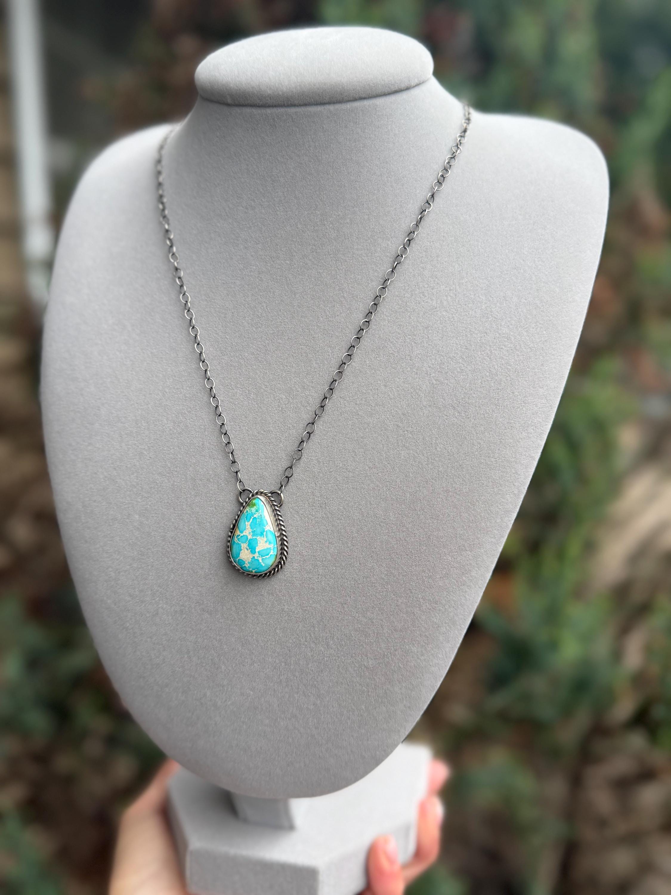 Sonoran Gold Turquoise Teardrop Bar Necklace, Sterling Silver, Southwest Artisan Stamped, 19.5 Inch Chain 9