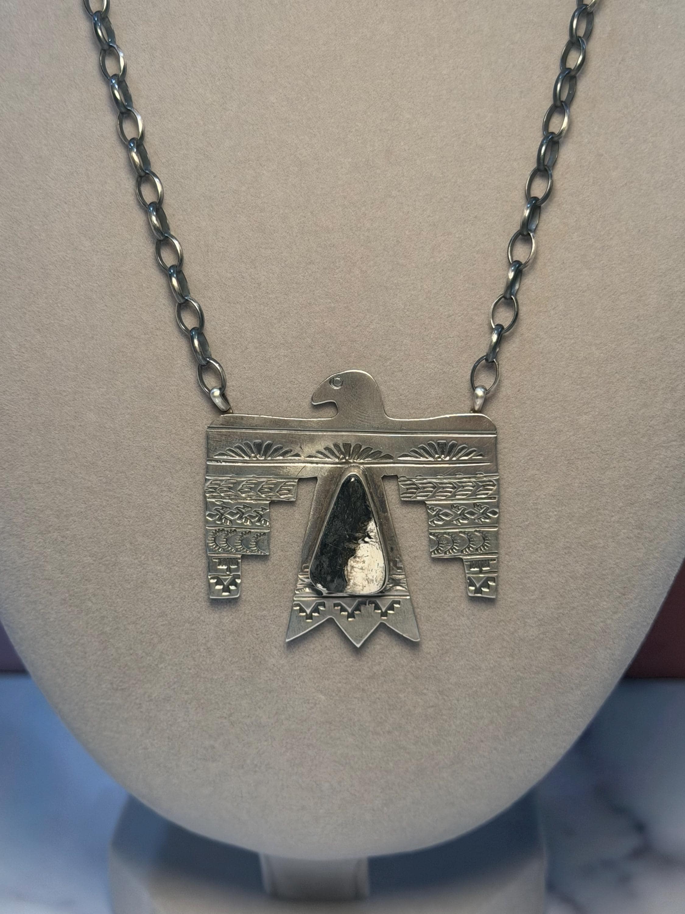 Sterling Silver Thunderbird Necklace, White Buffalo Stone, Southwest Pendant, Rick Enriquez, 18" Chain 3