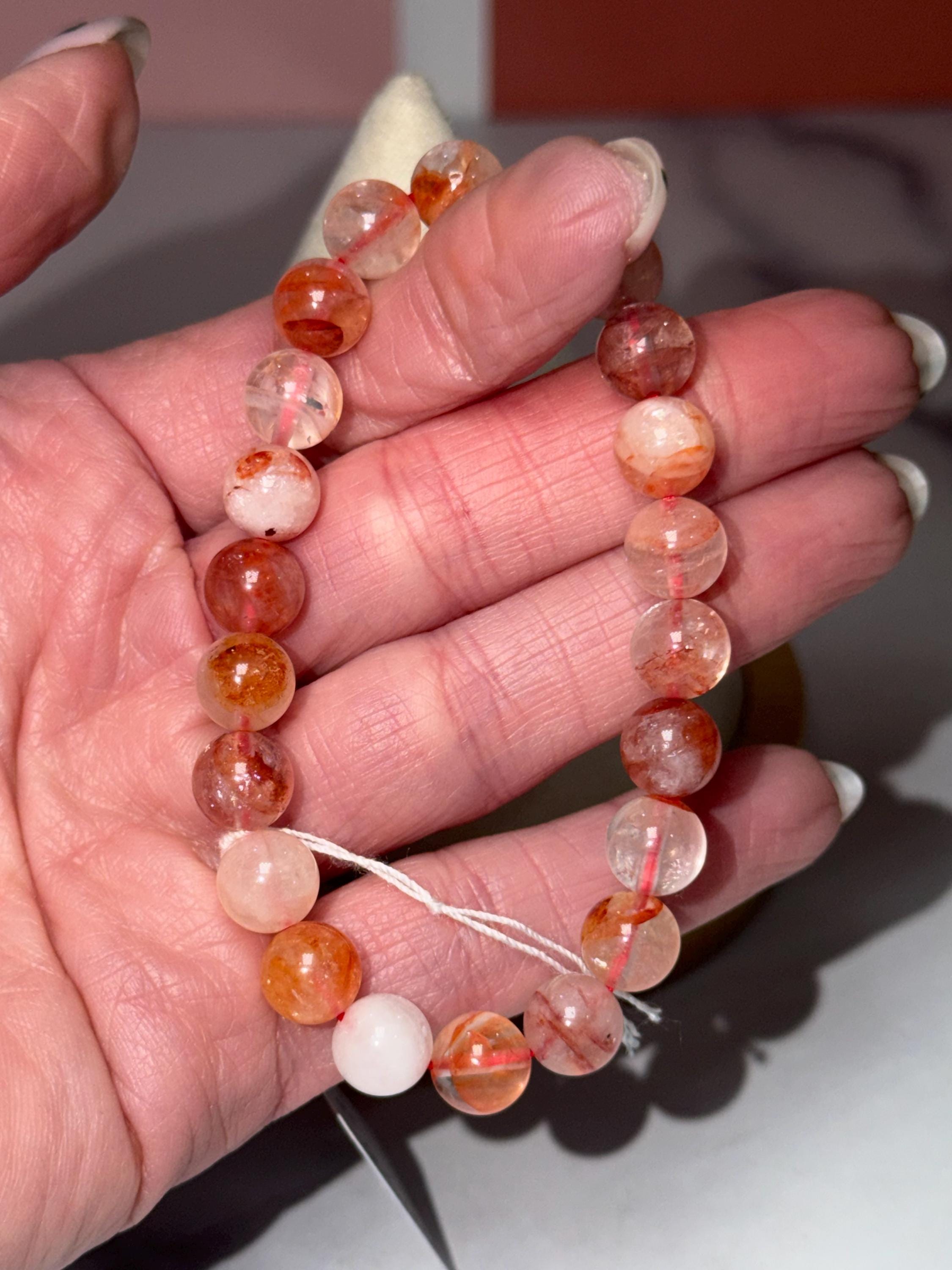 Fire Quartz Stretch Beaded Bracelet, Hematoid Quartz, Root Chakra Gemstone Jewelry, Energy Balance (8.5mm)