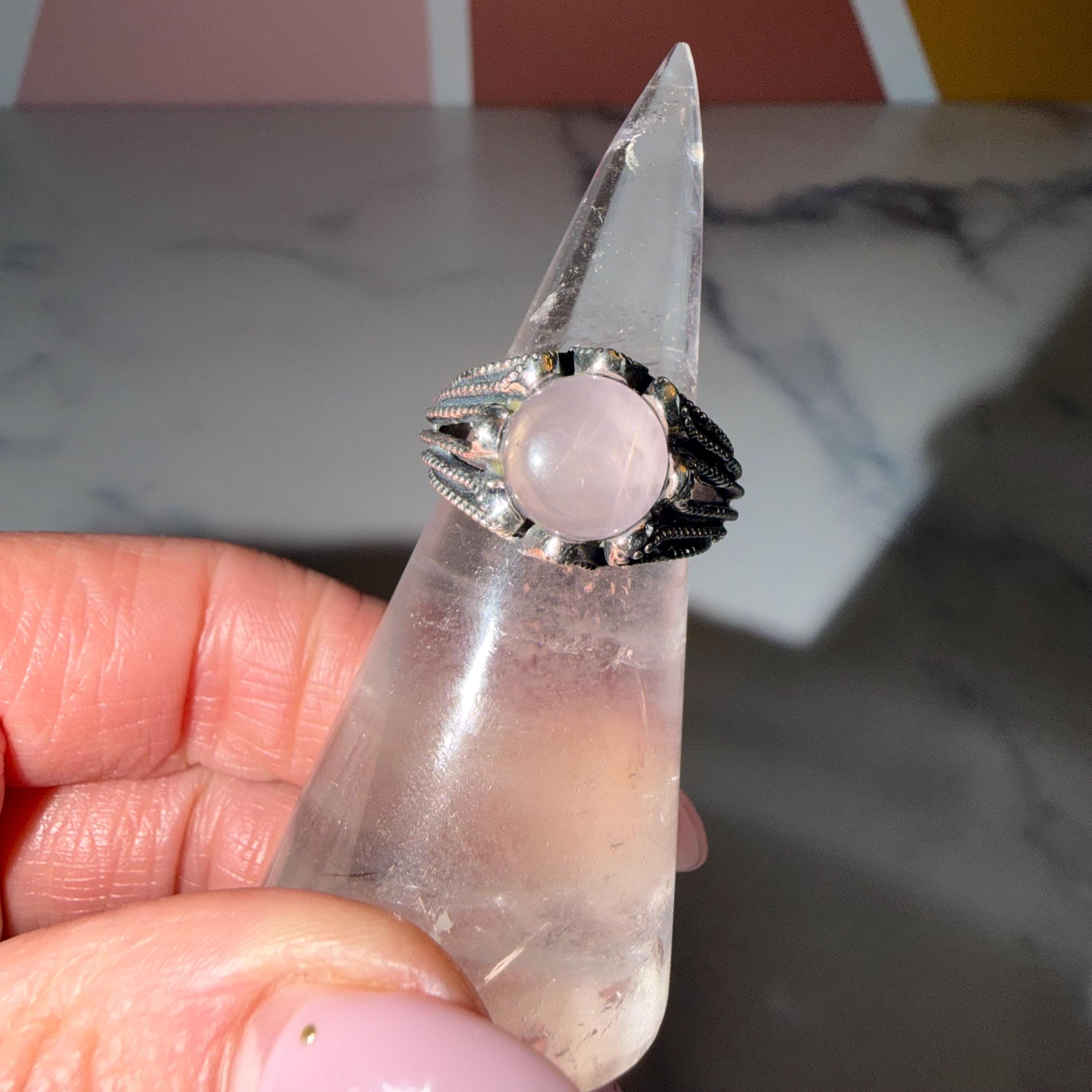 Rose Quartz Round Ring, 925 Sterling Silver, Love Crystal, Heart Chakra, Size 7