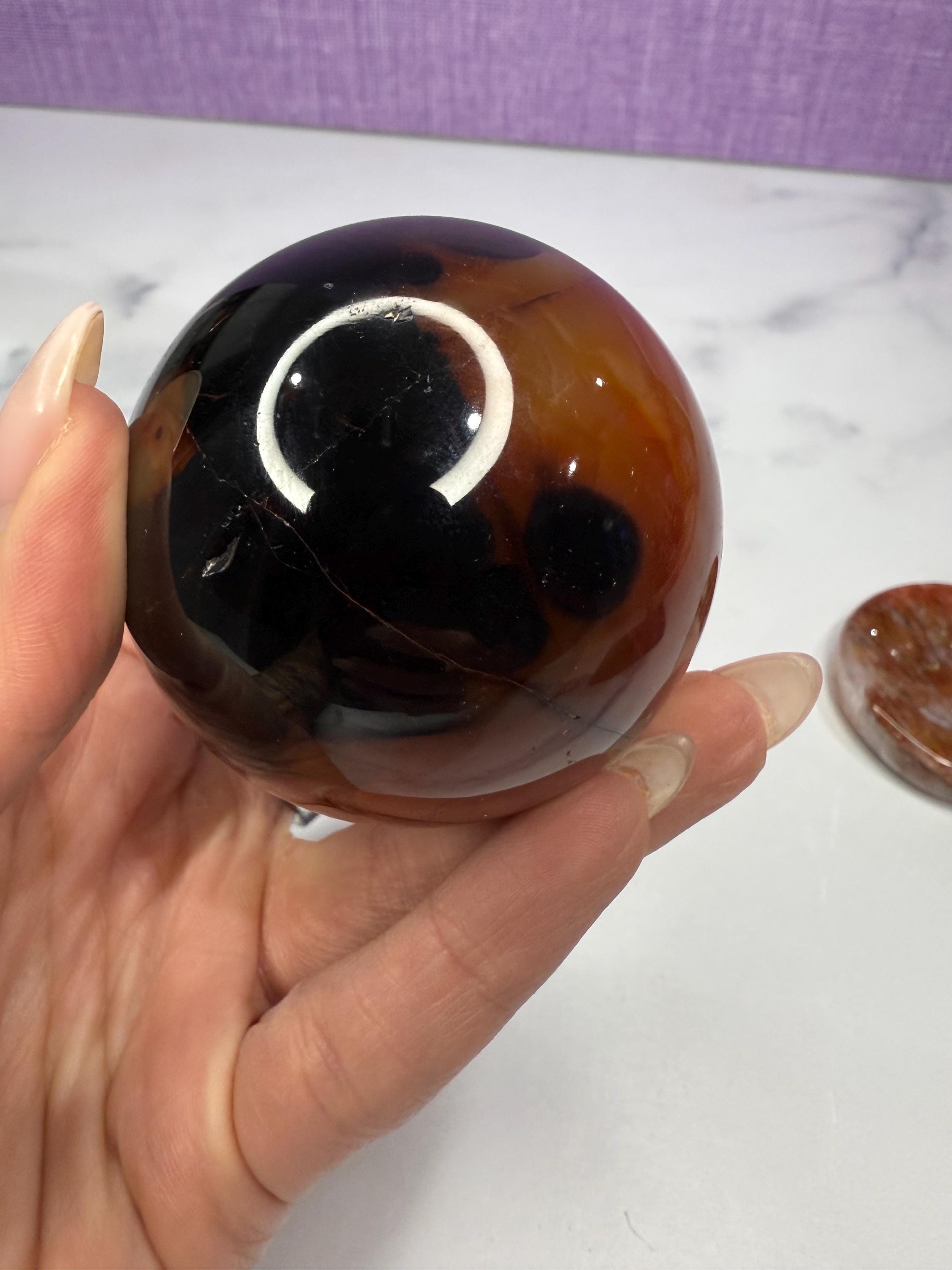 Dark Carnelian Agate Sphere • Druzy Crystal Orb, Madagascar Gemstone (61mm) 4