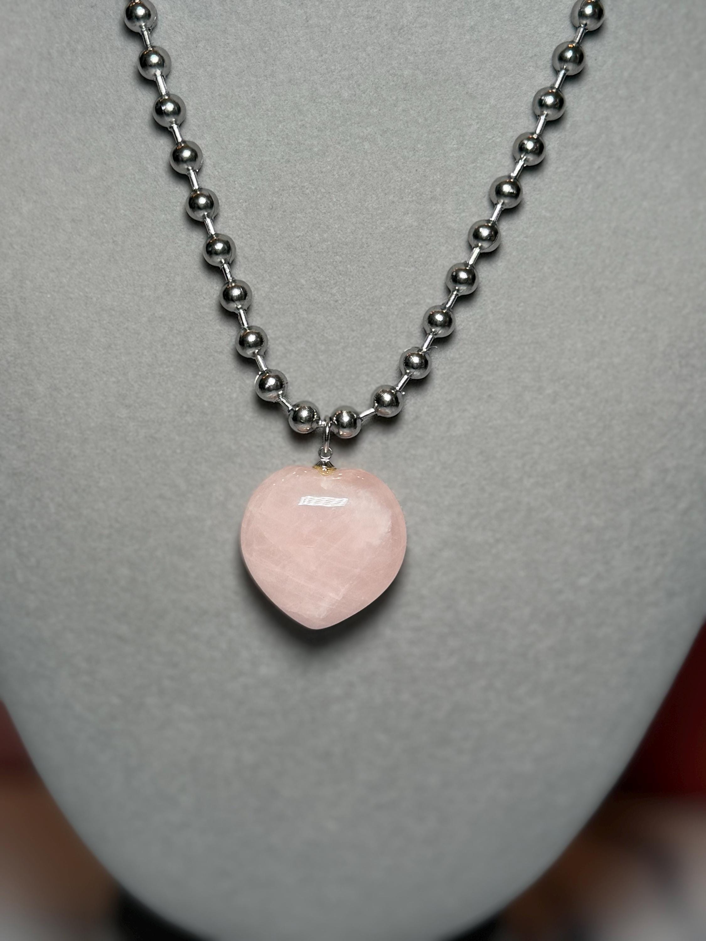 Rose Quartz Heart Pendant Necklace, Sterling Silver Ball Chain, 17 Inch Length 7