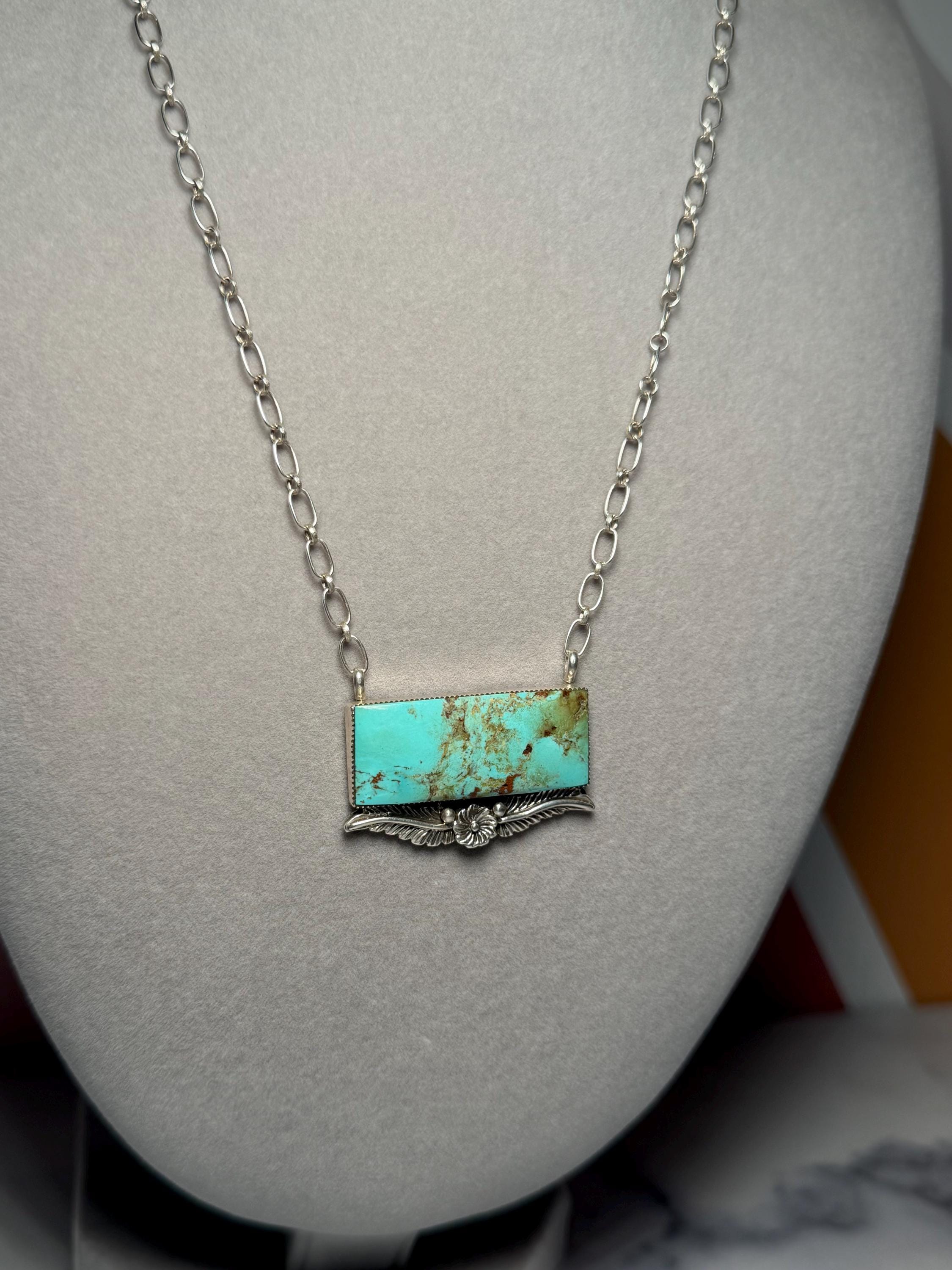 Sterling Silver Turquoise Floral Bar Necklace, Native Made Stamped Southwest Bear, 18.5 Inch 3
