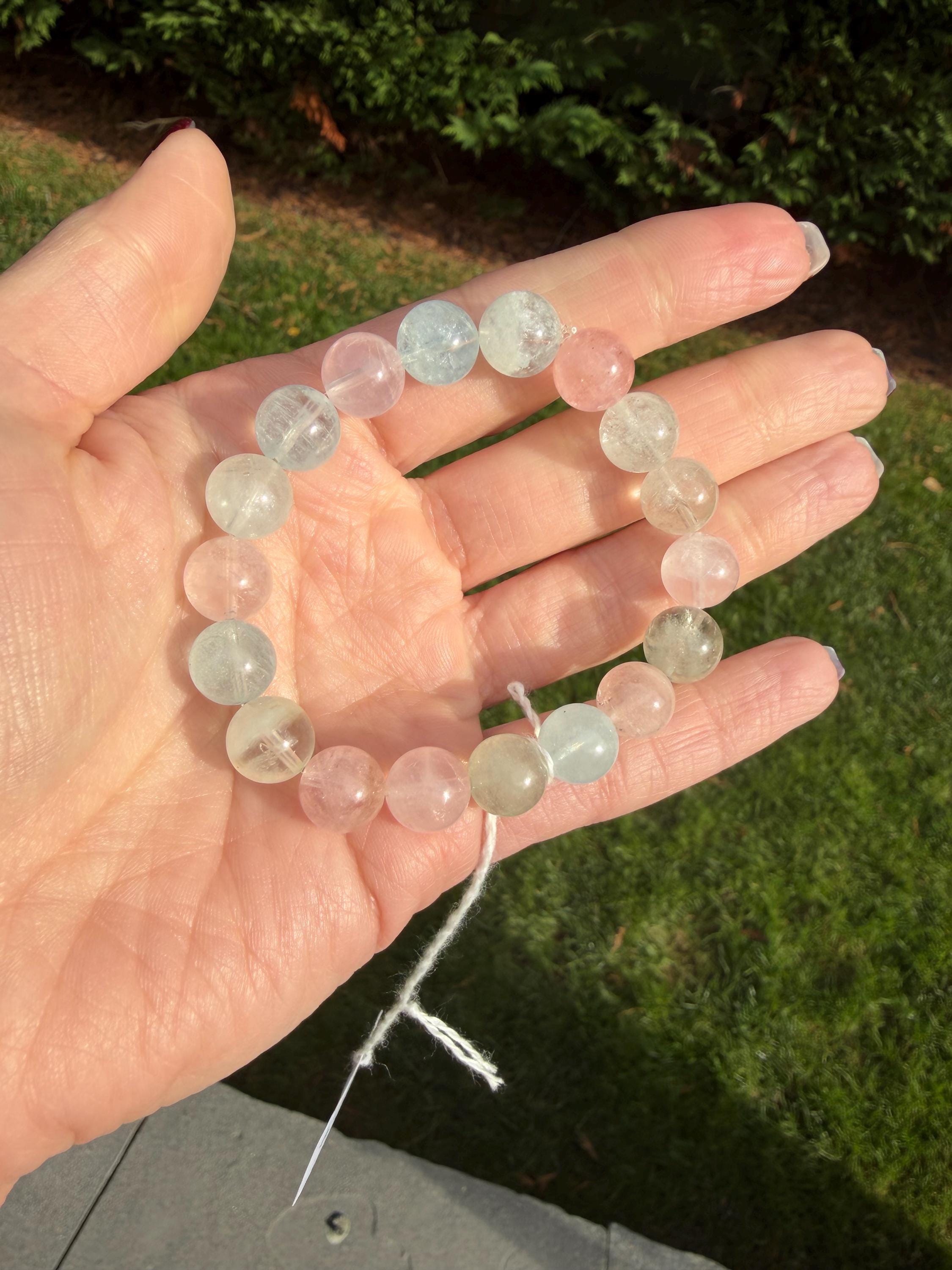 Mixed Beryl Beaded Bracelet 10mm • Aquamarine Morganite Heliodor • Crystal Healing Jewelry • Feminine Energy Bracelet 10