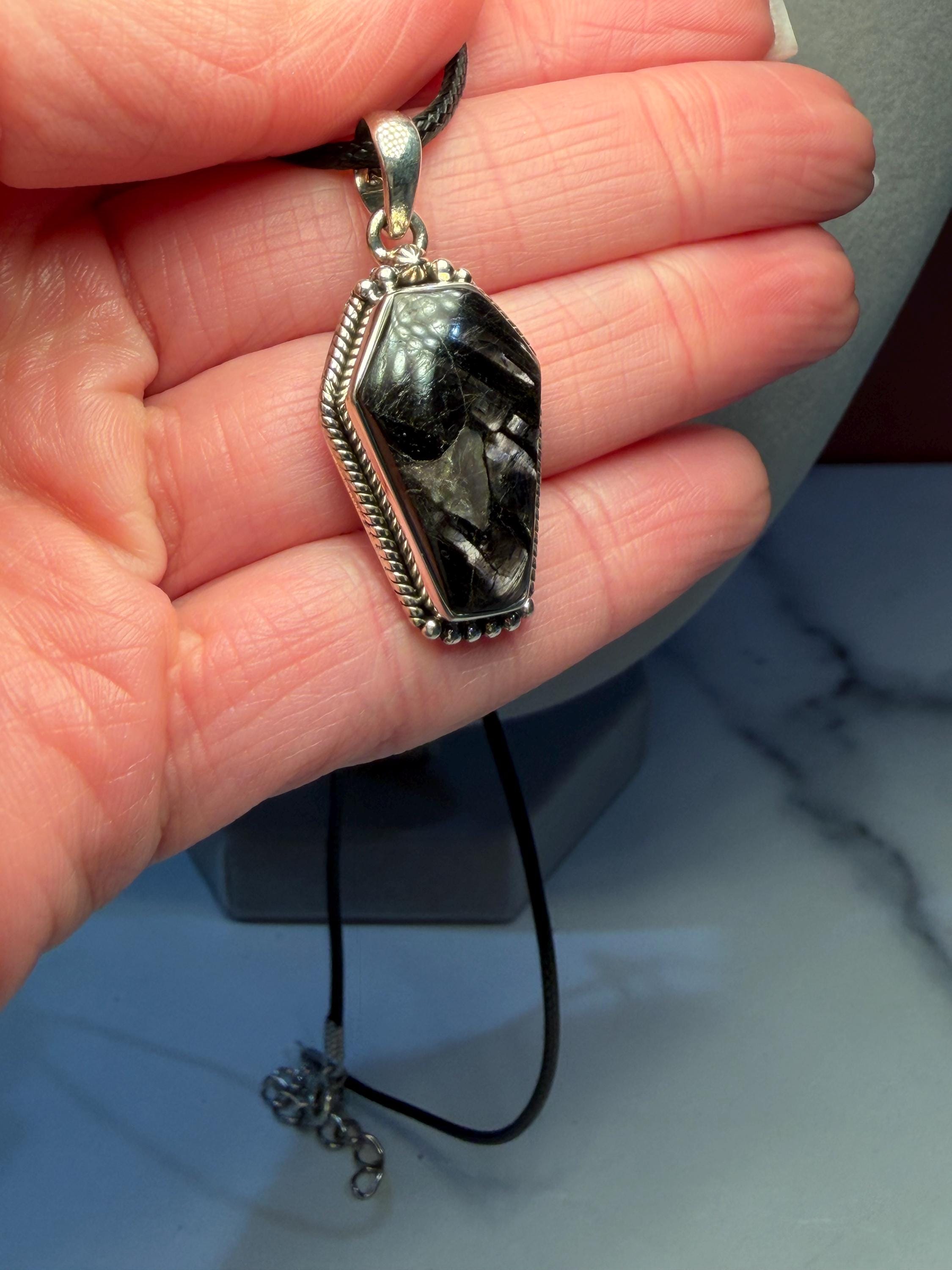 Hypersthene Coffin Pendant in 925 Sterling Silver by Bone and Branch, Gothic Crystal Necklace 5