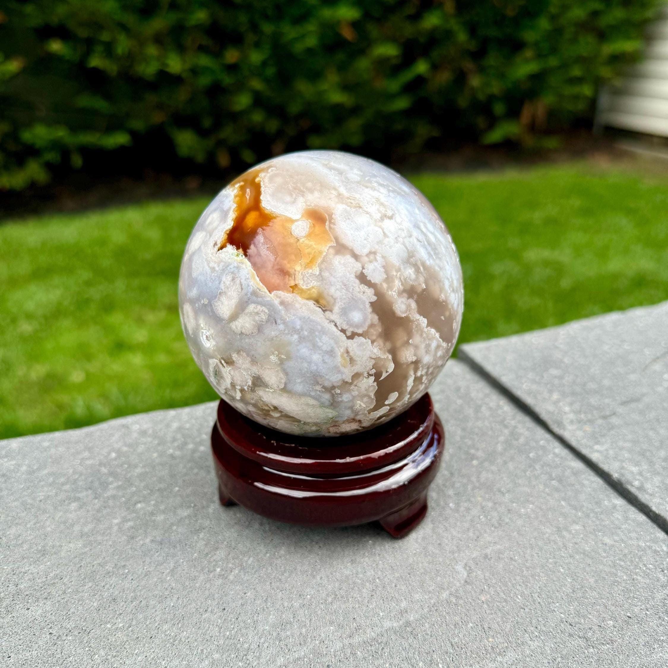 Flower Agate Crystal Sphere, Carnelian Amethyst Orb, Large Natural Stone Decor 2