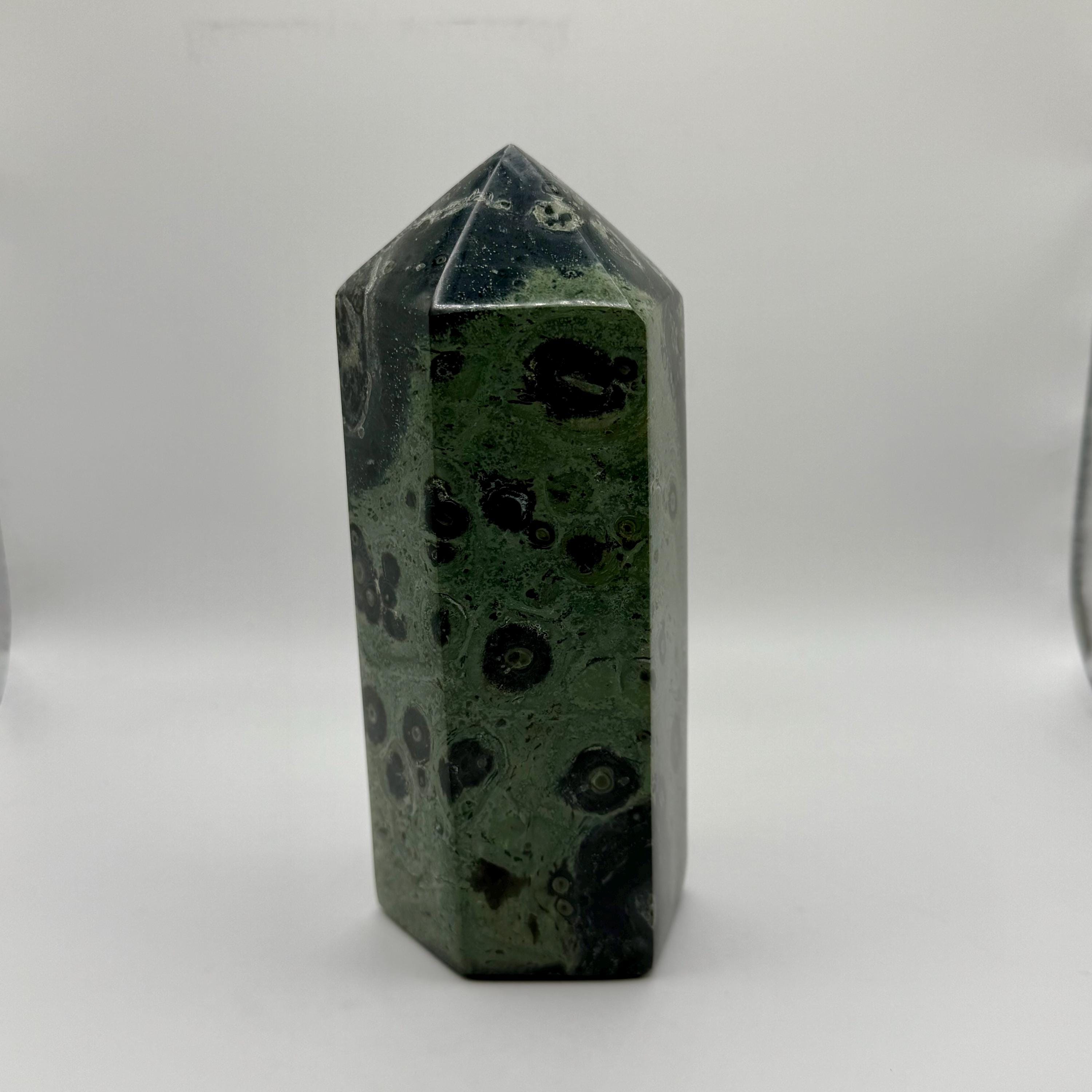 XL Kambaba Jasper Crystal Tower, Polished Green Orbicular Stone Obelisk, Spiritual Decor 6