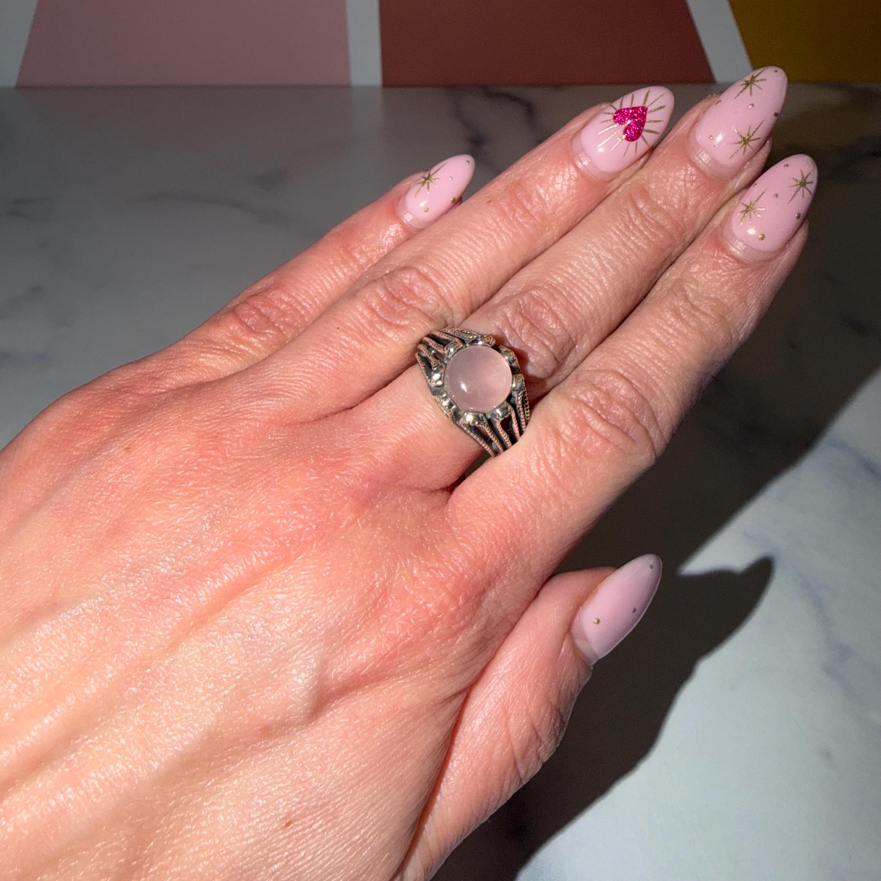 Rose Quartz Round Ring, 925 Sterling Silver, Love Crystal, Heart Chakra, Size 7 3