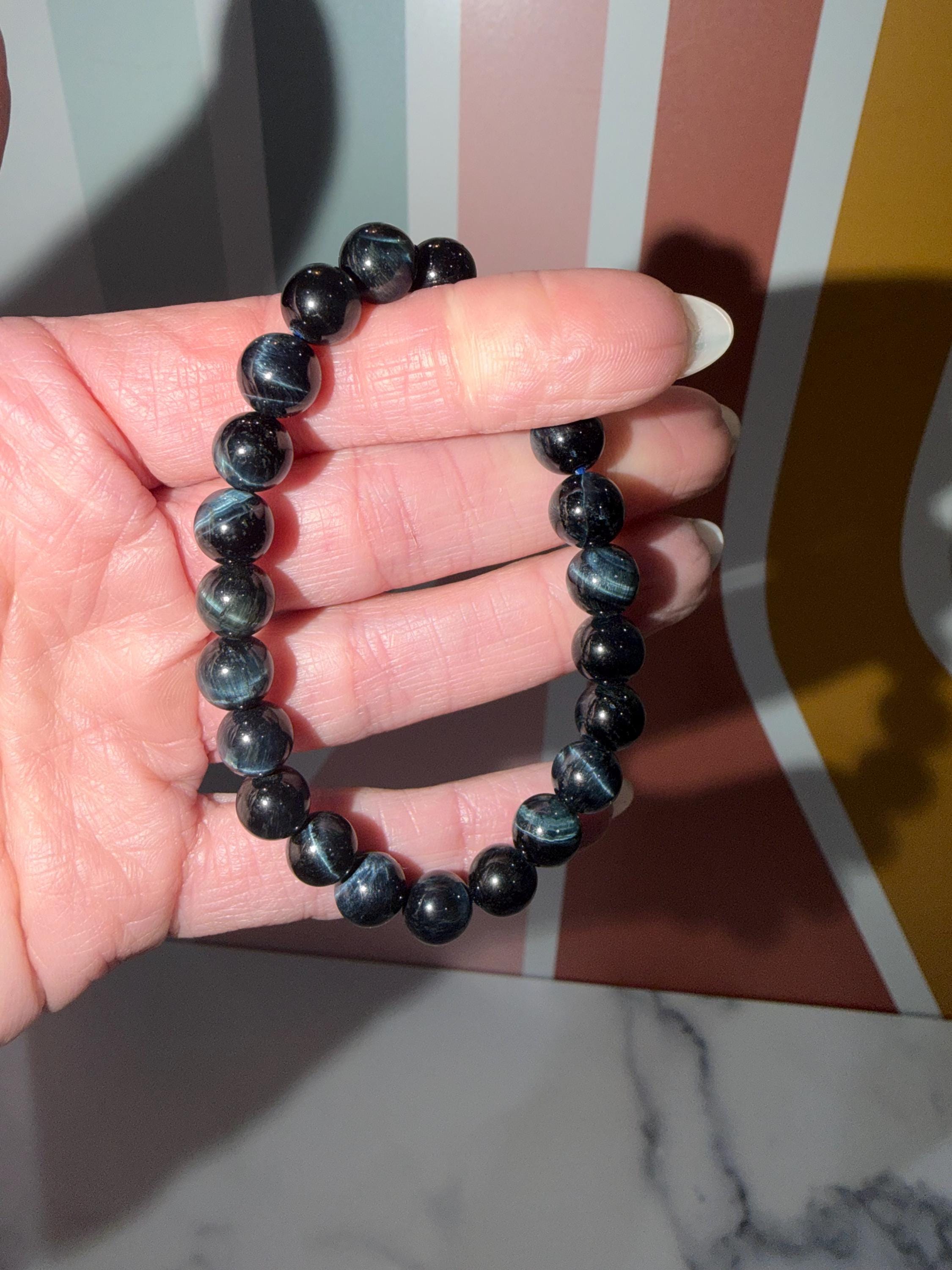 Blue Tiger’s Eye Crystal Stretch Beaded Bracelet, Protective Grounding Gemstone Jewelry (8.6mm) 3