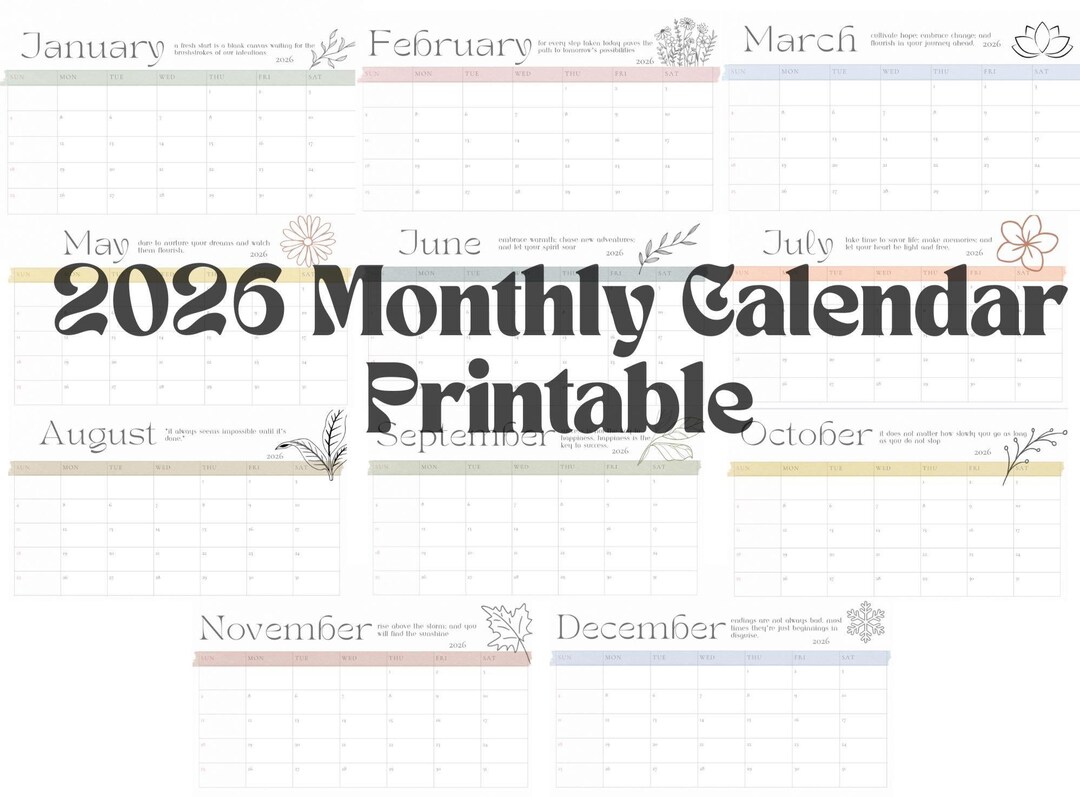 2026 Monthly Calendar Aesthetic Printable | Minimalist Design | Digital ...