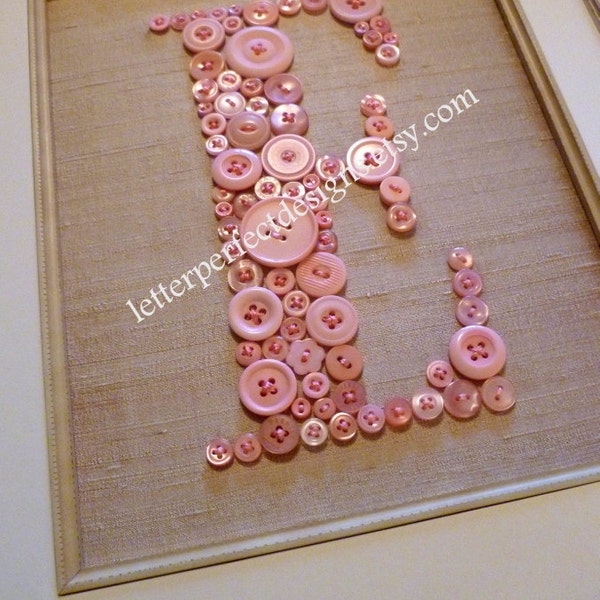 Personalized Baby Girl Nursery Button Art, Kid Wall Art, Pink Button Letter on Antique White Silk, Unique Baby Gift, Girl Nursery Decor