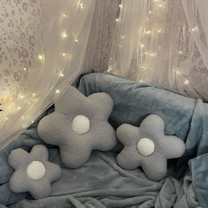 Plush Flower Pillow Boucle Grey Daisy Cushion for Kids Room Handmade Nursery Decor Cozy Throw Pillow Baby Gift