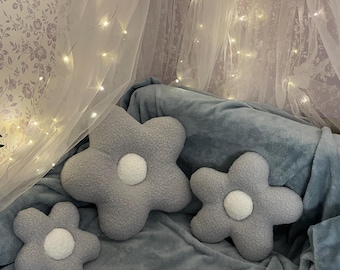 Handmade Boucle Daisy Pillow, Grey Plush Flower Cushion, Nursery Decor