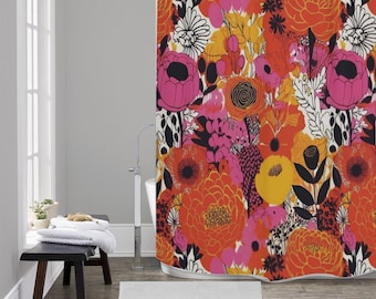 Retro Bold Pink Orange Shower Curtain | Retro floral shower curtain | Retro shower curtain