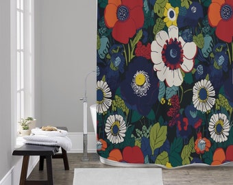 Retro Bold Flowers Shower Curtain | Retro red and blue floral shower curtain | Retro shower curtain