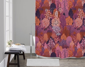 Retro Mid century modern Shower Curtain | Woodland pink floral shower curtain | Retro shower curtain