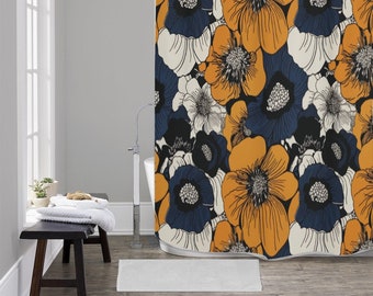 Retro Mid century modern Shower Curtain | Blue and Yellow  floral shower curtain