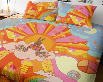 May include: A colorful duvet cover with a retro 1970s design featuring a peace sign, rainbows, stars, and clouds. The duvet cover is orange, yellow, pink, blue, and green.