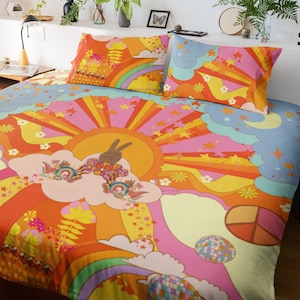 Premium pure Cotton Retro duvet with Rainbow Psychedelic hippy print and 70s retro style