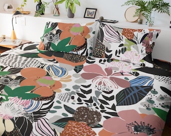 Floral Baumwollsatin Bettwäsche Set | Zeitgenössischen Naturdruck