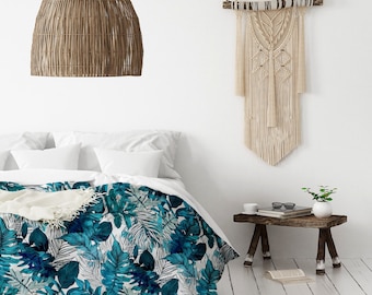 Premium Cotton duvet Cover set with contemporary Beach vibes in blue tropical foliage | Floral duvet Cover