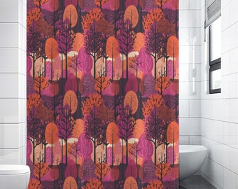 Woodland scene in Magenta Shower Curtain | Mid century modern shower curtain