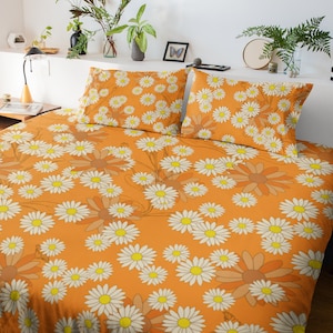 Premium Cotton Retro duvet Cover Set with a Yellow Daisy Print | 70s style | Retro duvet cover |  mid century modern