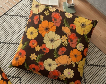 Throw Pillows | Five sizes | Velveteen | Linen Cotton | Retro poppy print | floral 70s | Groovy | Home decor
