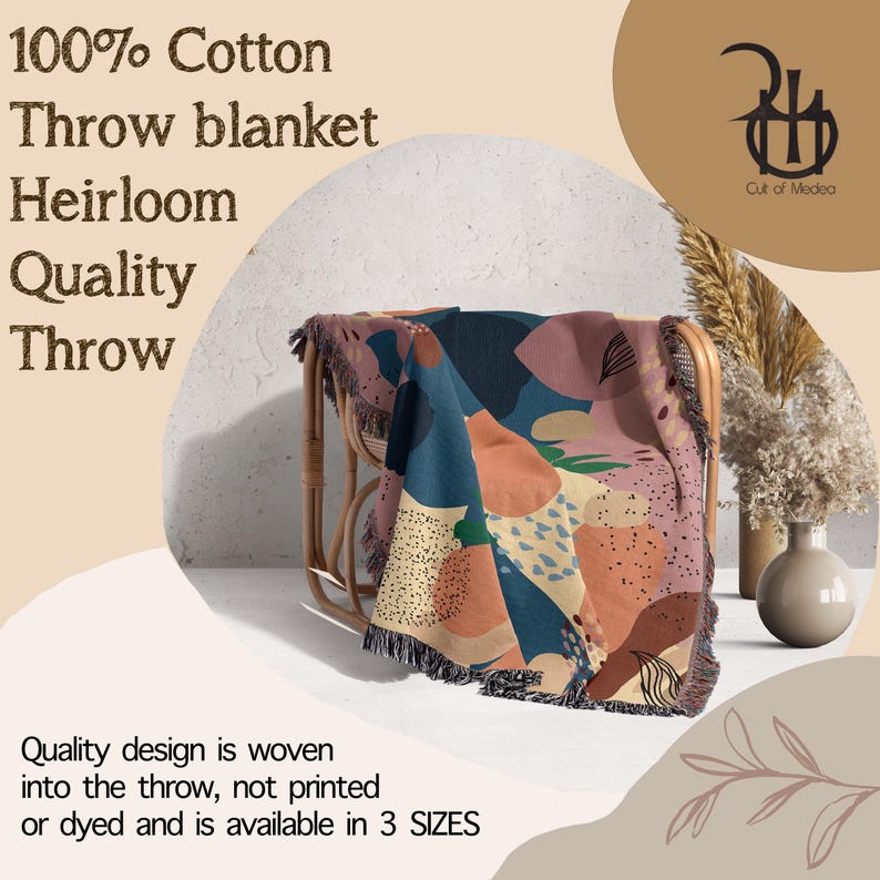 May include: A colorful throw blanket made of 100% cotton. The blanket features a woven design with abstract shapes in shades of pink, blue, orange, and yellow. The text "Quality design is woven into the throw, not printed or dyed and is available in 3 SIZES" is visible at the bottom of the image.