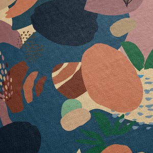 May include: Abstract pattern fabric with a teal background and various shapes in shades of brown, pink, beige, and green.