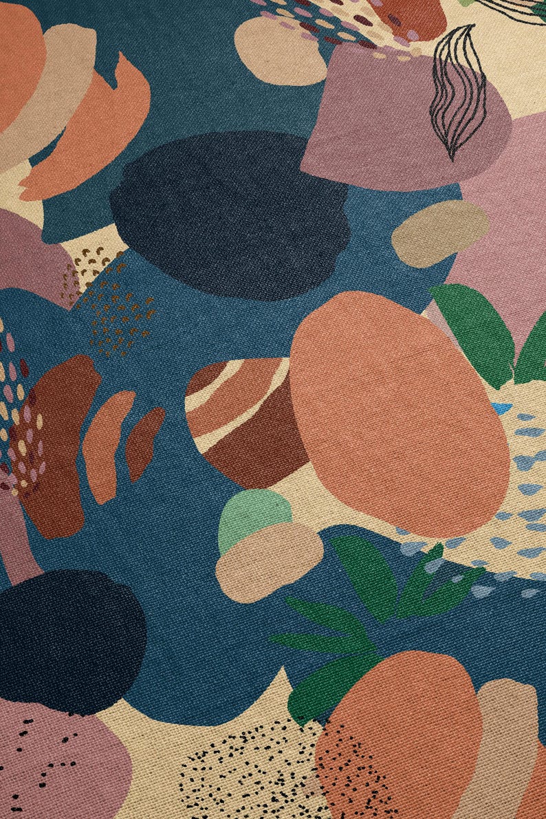 May include: Abstract pattern fabric with a teal background and various shapes in shades of brown, pink, beige, and green.
