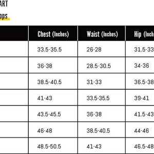 May include: Size chart for men's tops with measurements in inches for chest, waist, and hip. Sizes range from XS to 3XL.