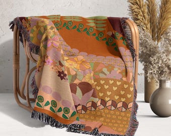 Floral Woven Cotton Throw Blanket | Boho Tapestry with Fringe