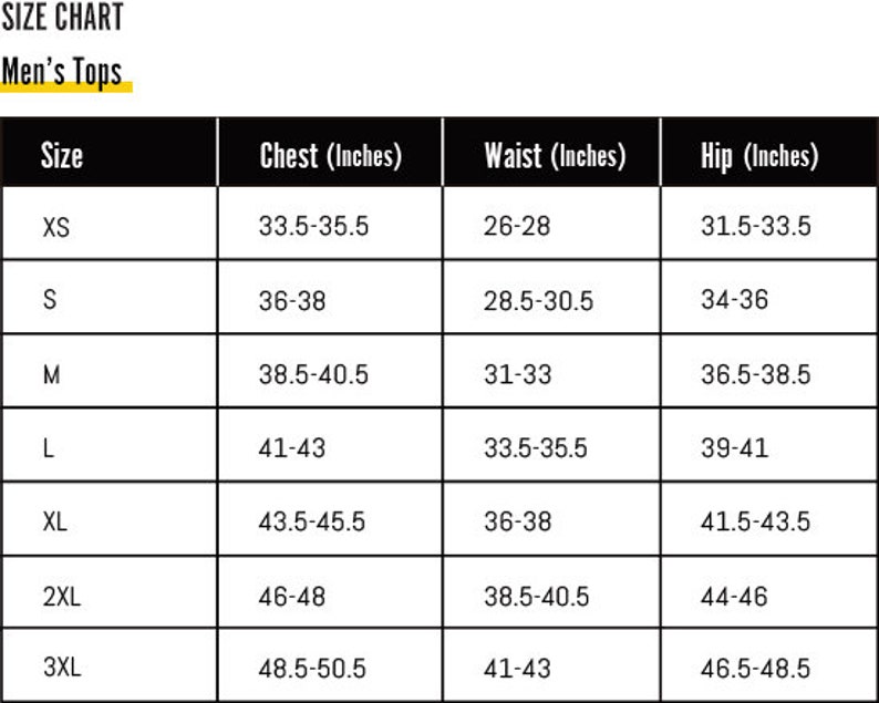May include: Size chart for men's tops with measurements in inches for chest, waist, and hip. Sizes range from XS to 3XL.