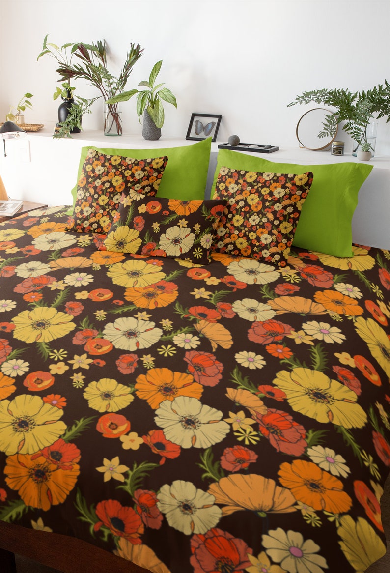 Premium Cotton Retro duvet | Poppy print 70s style | Bedroom furniture | bed and breakfast | mid century modern 