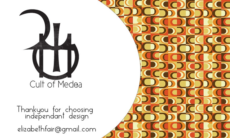 May include: A business card with a black and white logo that says "Cult of Medea" and a geometric pattern in shades of orange, brown, and yellow.