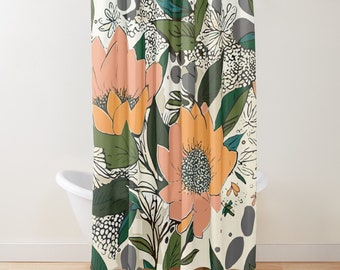 Pink Lotus Nature pattern Shower curtain | contemporary bathroom decor | Mid century modern  bathroom | Retro decor