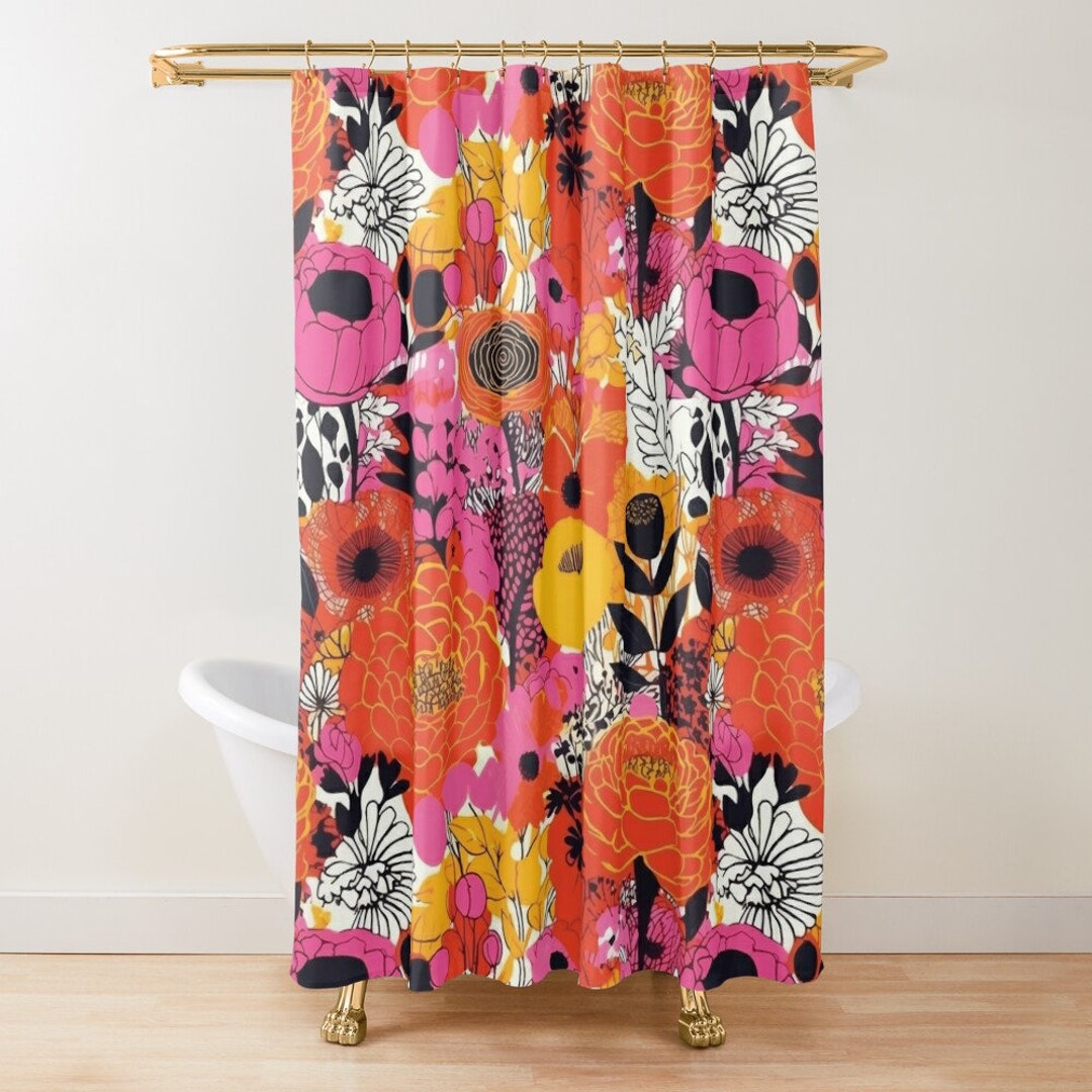 Retro Bold Pink Orange Shower Curtain Retro Floral Shower Curtain Retro ...