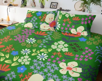 Juego de funda nórdica de algodón con estampado floral verde: Ropa de cama estilo cottagecore